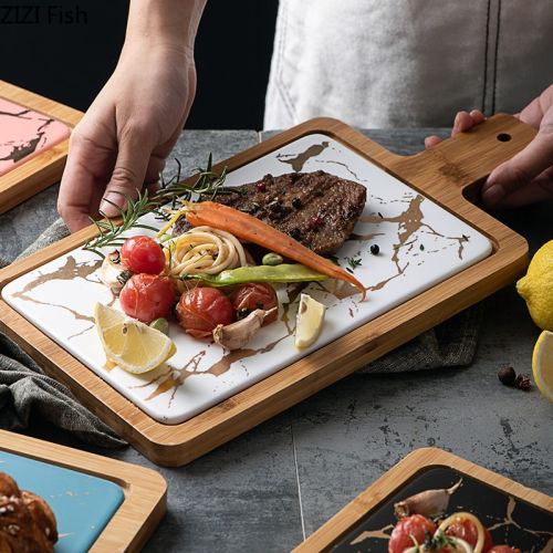 Ceramic Steak Serving Dish with Wooden Tray