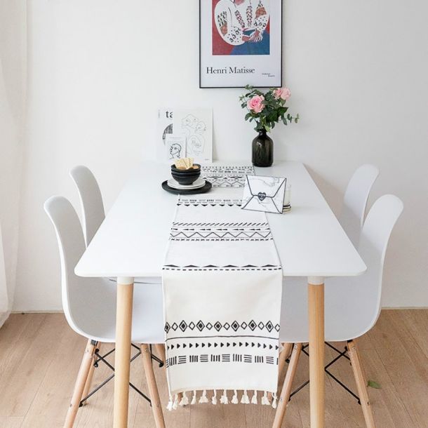 White And Black Bohemian Chenille Table Runner