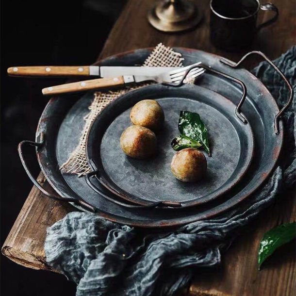 European Metal Serving Tray With Handles