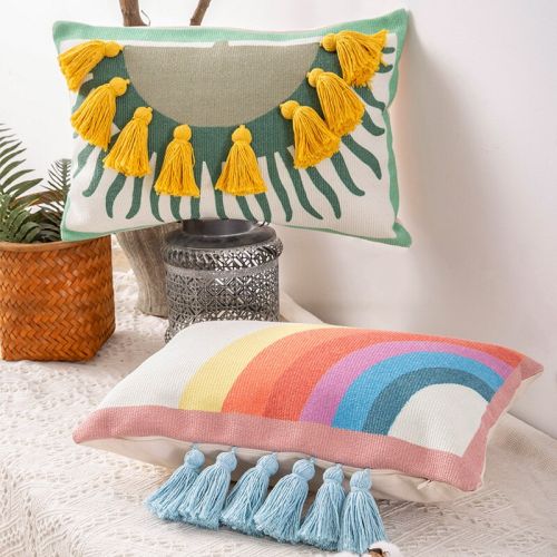 Tasseled Rainbow Cotton Cushion Cover