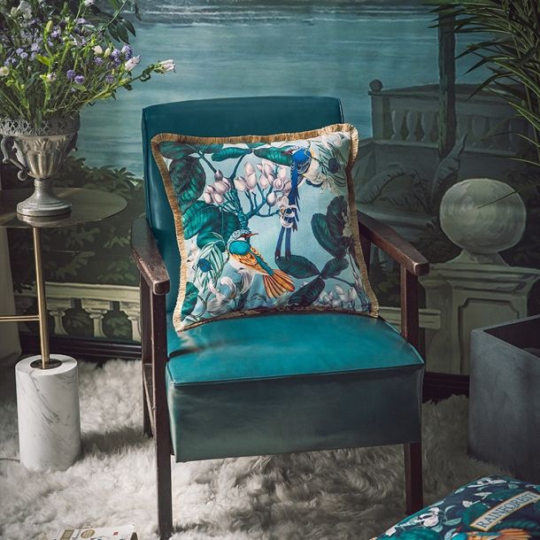 Forest Bird Printed Velvet Pillow Covers