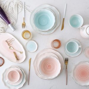 Pink And Blue Gold Lined Ceramic Tableware