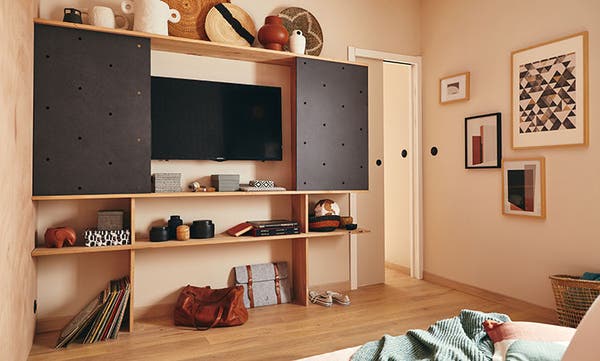 A TV cabinet with shelves